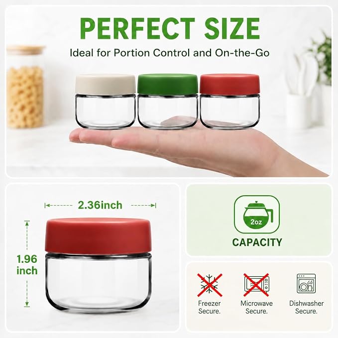 EONJOE 2 oz Glass Jars with Lids Dressing Containers Sauce Cups Mini Condiment Dip Jars To Go Lunch Accessories,12-Pack