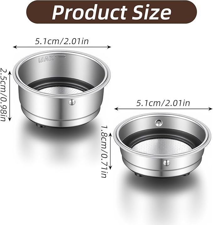 2 Pcs 51mm Portafilter Basket Espresso Basket Stainless Steel Coffee Filter Pressurized Coffee Filter Cups Compatible with 51mm Portafilter Machines for Home Office Machine Serving