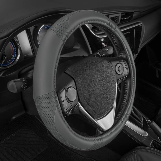 Motor Trend Perforated Microfiber Leather Steering Wheel Cover for Cars Trucks SUVs Vans, Sporty Racing Improved Grip Anti-Fatigue Ergonomic Design, Airbag Compatible - Fits Standard 15" Inch - Gray