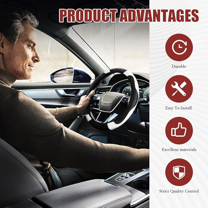 Car Steering Wheel Cover, Steering Wheel Protector, Universal 14.5-15 Inch Microfiber Leather Breathable Auto Steering Wheel Covers, Carbon Fiber Steering Wheel Cover for Women Men (White)