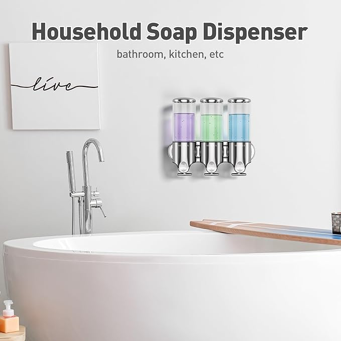 Secura Triple Wall Mounted Soap Dispenser, 3 x 17 fl oz Shampoo and Soap Dispensers Perfect for Home & Kitchen (Stainless Steel)