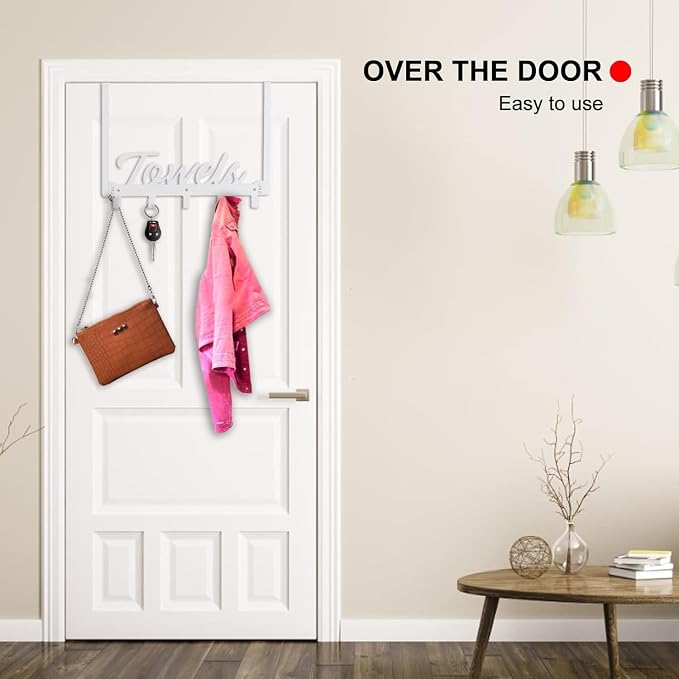 Azmoncy Over The Door Hooks - Wall Mount Towel Hanger with 6 Hooks for Bedroom Bathroom Kitchen Towels, Bag, Coats, Hats - White