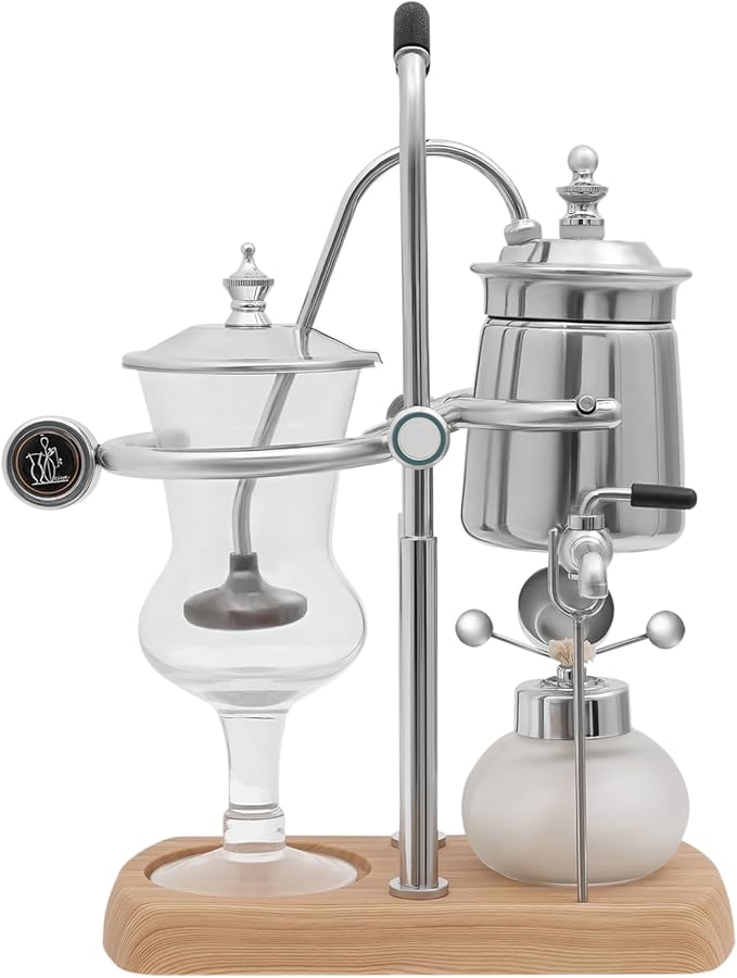 Balance Siphon Coffee Maker, 13.53OZ Manual Vintage Coffee Brewer, Belgian Family Balance Siphon Coffee Maker with Wooden Base for Home, Kitchen, Coffee Shops (Sliver)