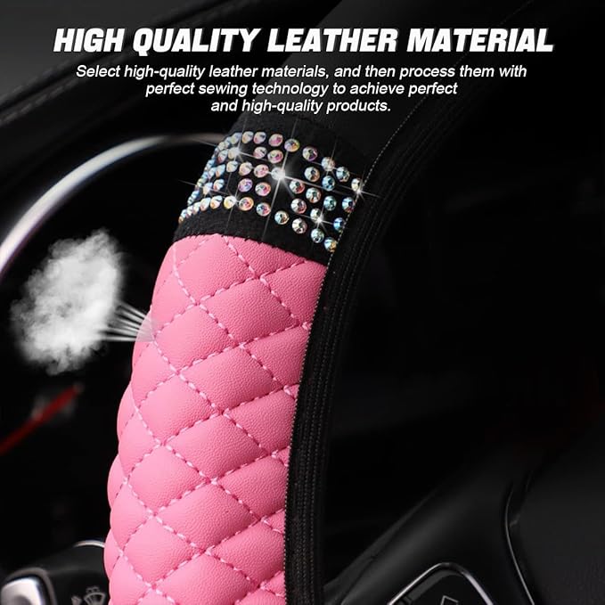 Bling Soft Leather Steering Wheel Cover, 15 Inch Colorful Rhinestones Auto Elastic Steering Wheel Protector, Sparkly Crystal Diamond for Women Girls, Car Accessories for Most Cars (Pink)