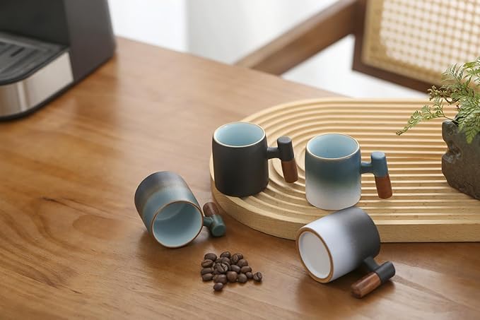 2-Oz Ceramic Espresso Cups with Wood Handle, 2/4-Piece Set for Coffee, Tea, Latte - Dishwasher Safe, Multi-Color & Wood Styles, Gift & Café Use (blue white, Wooden Handle4)