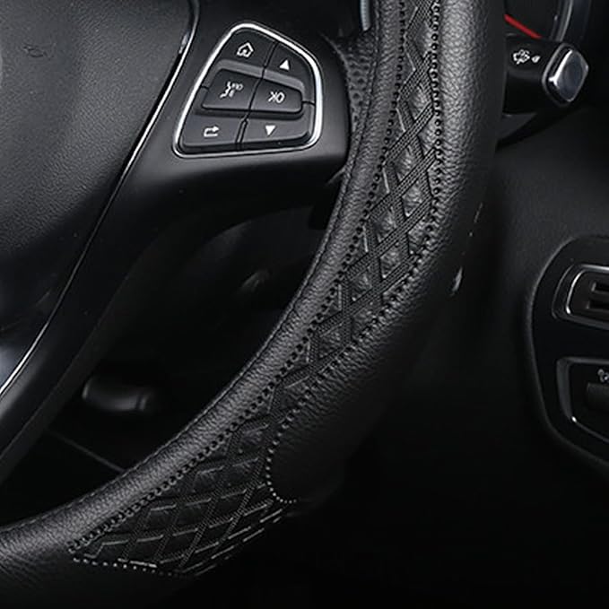 AUCELI Car Steering Wheel Cover, 14 1/2-15 inch Non-Slip Soft Breathable Leather Automotive Steering Wheel Protecteor, Vehicle Accessories for Men Women, Universal for SUV, Truck, RV（Black）