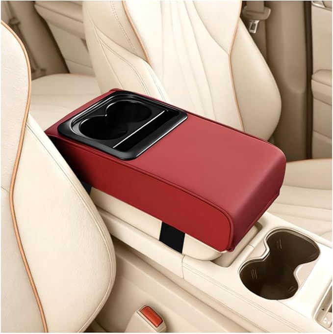 Car Center Console Armrest Pillow, Leather Vehicle Middle Console Protection Cushion with Cup & Phone Holder, Waterproof Automotive Arm Rest Box Cover Accessories, Universal Fit (Wine Red)