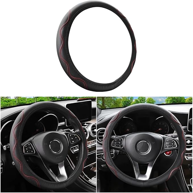 Elastic Stretch Car Steering Wheel Cover, Leather Soft Vehicle Steer Wheel Protector, 14.5-15 Inch Anti-Slip Automotive Protective Guard Accessories, Universal for SUV, Sedan, Truck (Black/Red)