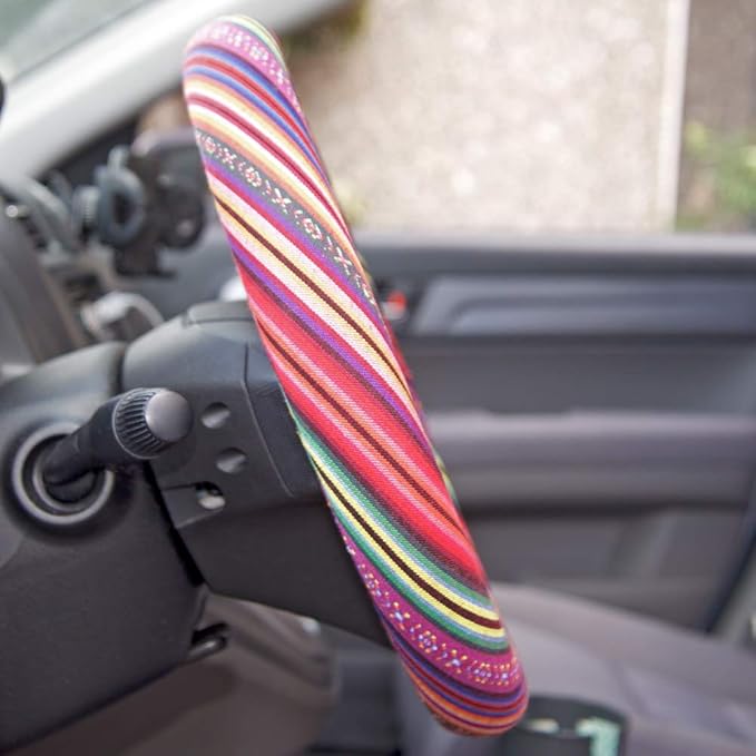 Carbella Pink Woven Boho Bohemian Hippie Saddle Blanket Style Steering Wheel Cover for Women - Fits Most Standard Wheel Sizes 14.5 - 15 inch Woven Style - Light Stripes