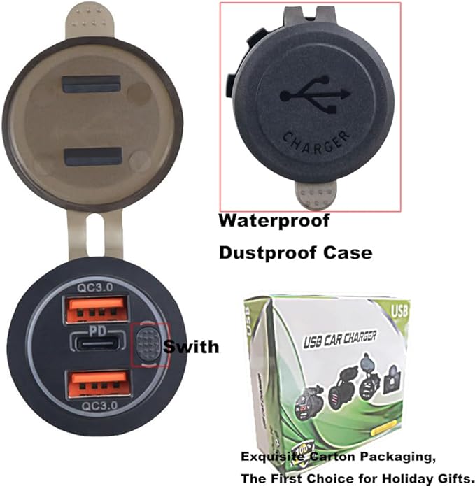 3 Ports 18W USB Car Charger With Switch, 12-24V Dual QC 3.0 USB & PD USB C Cigarette Lighter Socket Outlet, Dashboard Mount Quick Charge Charger for Car Motorcycle Truck Marine Boat (Red Light)