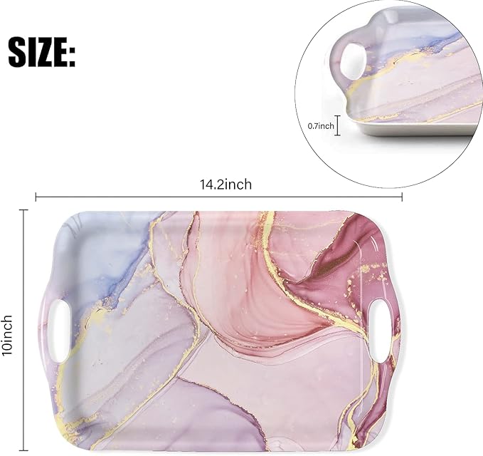 Serving Tray Decorative Tray with Handles Multi-Purpose Rectangular Serving Trays for Restaurant, Parties, Coffee Table, Kitchen - Pink Marble Pattern