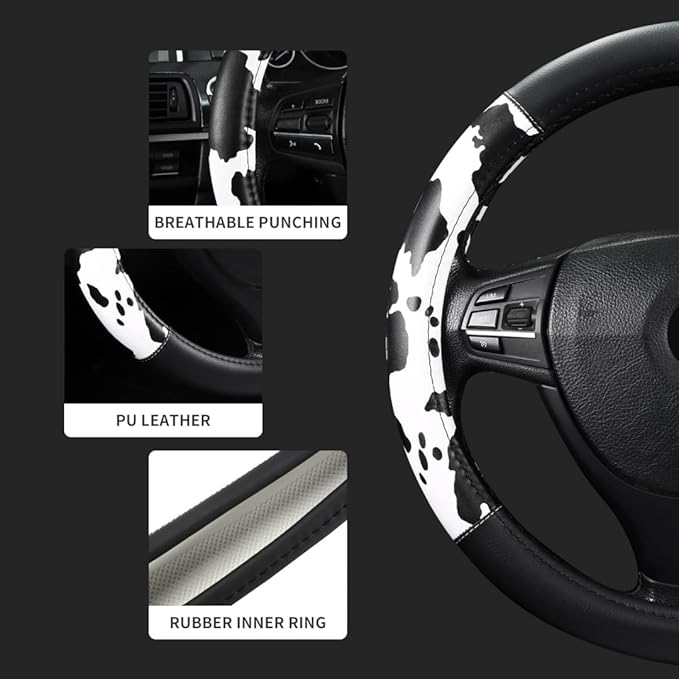 Cow Print Steering Wheel Cover, Microfiber Leather Cute Breathable Anti Slip Universal 14.5-15 inch Car Interior Accessories for Women Men, Black White