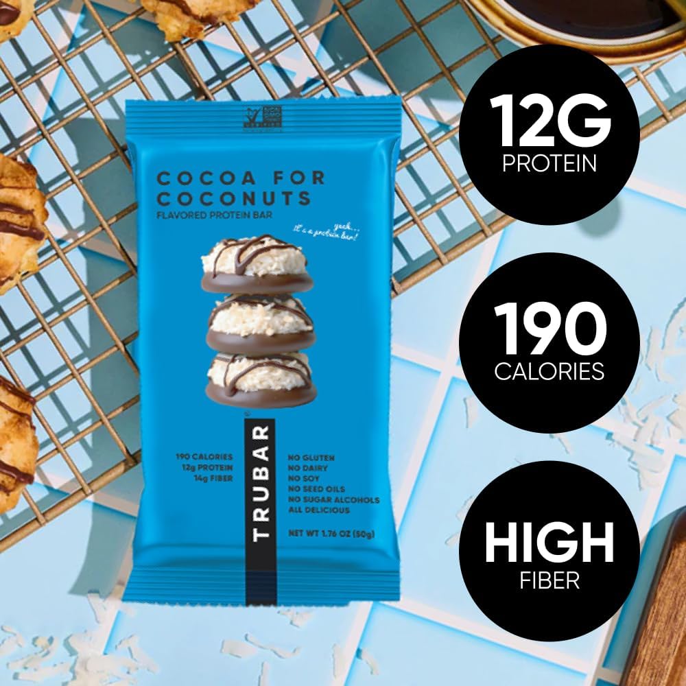 TRUBAR Vegan Protein Bar, Cocoa For Coconuts, Gluten Free, Plant Based Protein, Dairy Free, Non GMO, Soy Free, No Sugar Alcohols, 12G Protein, 12G Fiber, 23G Carb, On the Go Snack Bars, 12 ct