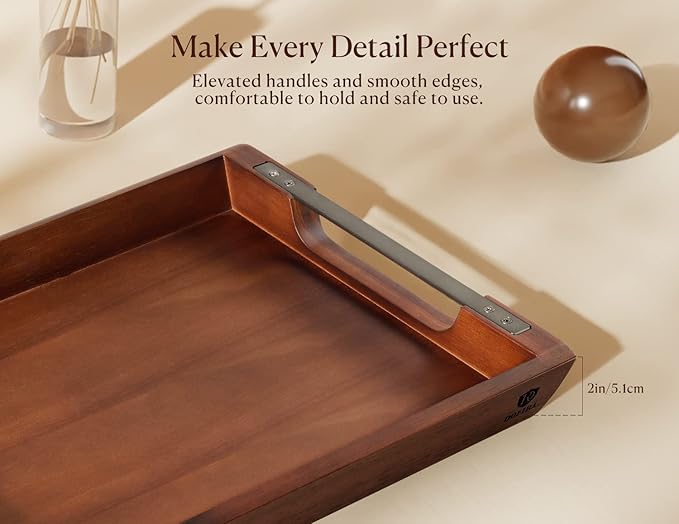 Acacia Wood Serving Tray with Metal Handles, 17x13in Food Drinks Tray for Coffee Table, Breakfast, Dinner & Bar, Rustic Decorative Storage Tray for Ottoman, Kitchen, Elegent Gift Packaging