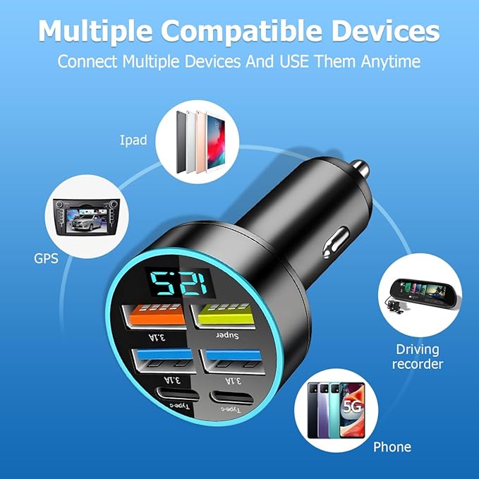 Super Fast Car Phone Charger, 6 in 1 USB Auto Charge Adapter with Voltage Monitor, Vehicle Interior Cigarette Lighter Charging Accessories, Universal for SUV Sedan Truck(2xType C)