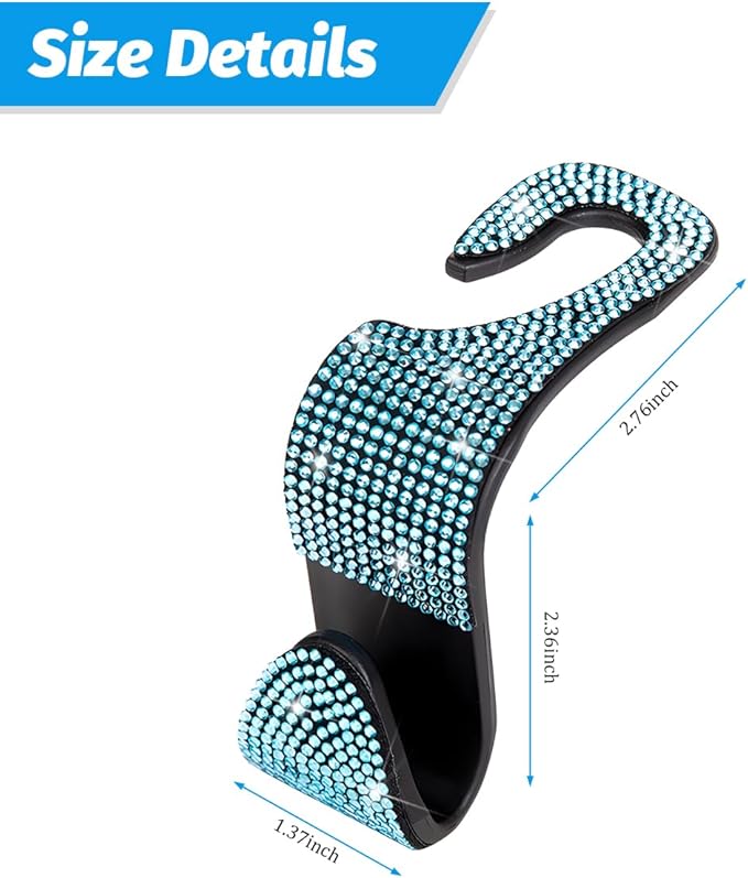 4PCS Bling Car Seat Headrest Hooks, Vehicle Back Seat Purse Handbag Hanging Holder with Crystal Rhinestone, Diamond Storage Organizer Hook, Universal Automotive Accessories (Black/Blue)