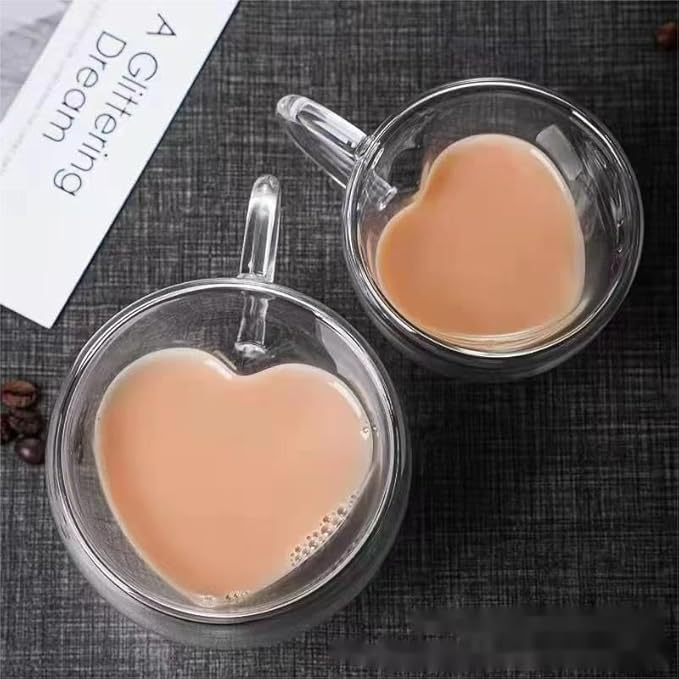 Heart-Shaped Double Wall Glass Coffee Mugs, 6oz/180ml Set of 4, Insulated Espresso Cups with Handles for Espresso, Macchiato, Stylish Coffee Mugs
