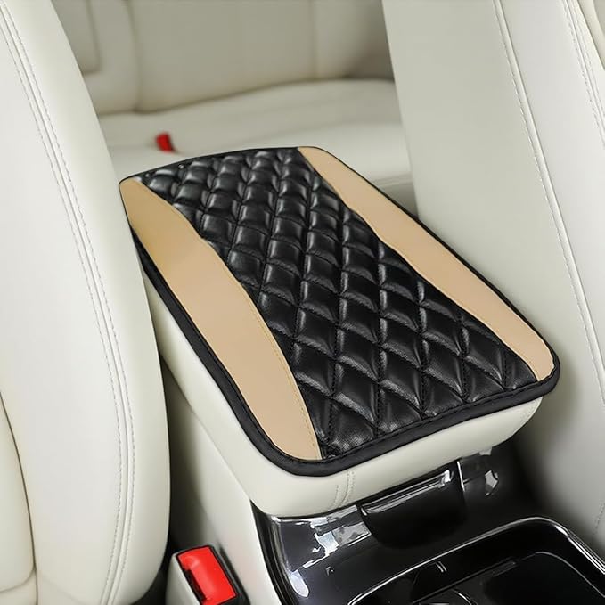 Car Center Console Cover, Comfortable PU Leather Vehicle Armrest Storage Box Cushion Pad, Anti-Scratch Automotive Interior Arm Rest Cover Protector, Universal for Truck SUV Sedan (Beige)