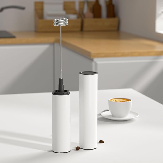 Electric Milk Frother Handheld Rechargeable with Cover-Coffee Frother Wand, Drink Mixer Handheld with 2 Detachable Stainless Whisks 2 Speed Adjustable for Latte, Cappuccino, Matcha, Egg (White)