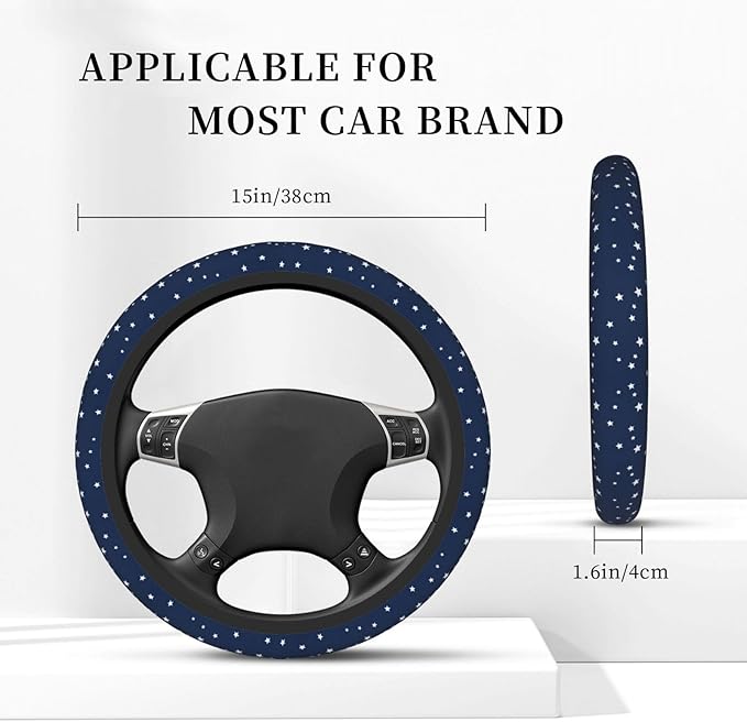 Stars Navy Blue White Car Steering Wheel Cover, 15 Inch Steering Wheel Cover Stylish Decor for Most Cars