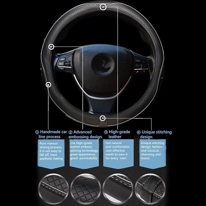 ESEWALAS Universal Car Steering Wheel Cover,Anti-Slip Leather Steering Wheel Cover,Sports Style Steering Wheel Protector,Car Interior Accessories Auto Steering Wheel Covers (Black with Gray)
