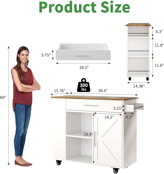 4 EVER WINNER Kitchen Island on Wheels with Storage, Kitchen Island Cart with Storage Cabinet, Spice Rack & Towel Rack & Drawer, Island Table for Kitchen with Open Shelves, White