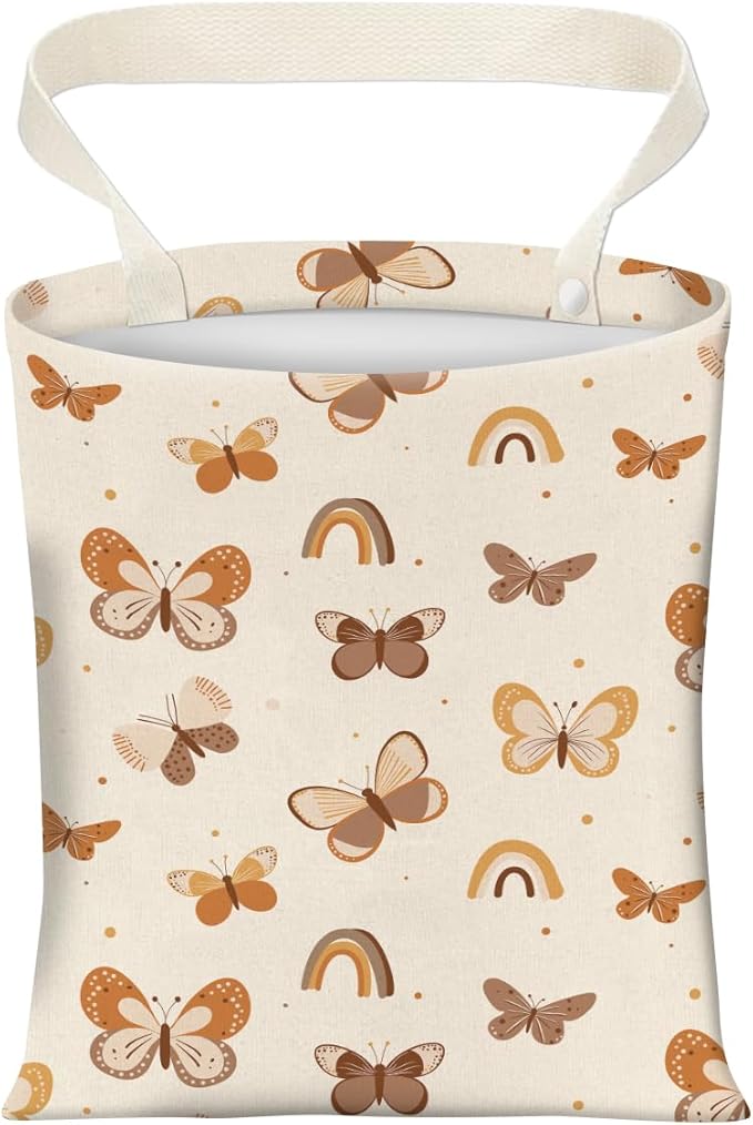 Cute Car Trash Can, Hanging Canvas Car Back Seat Organizer and Storage Bag, Funny Car Trash Bag for Travelling, Outdoor Cute Beige Butterfly