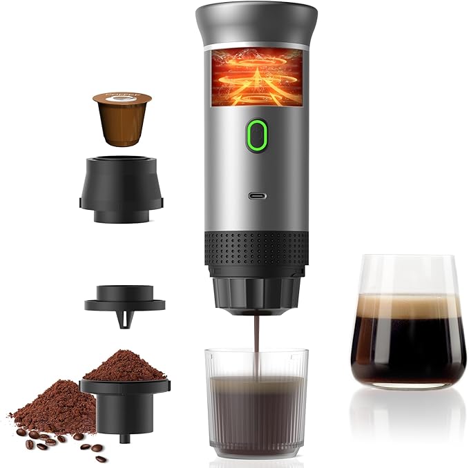 Portable Espresso Machine for Travel, Travel Coffee Maker 20-Bar Extraction, Coffee Maker Self-Heating with USB-C, Compatible with Ground Coffee & NS Capsule for Hiking and Camping (Green)
