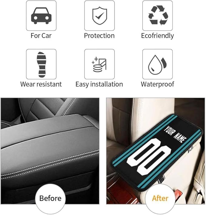 Custom Car Armrest Cover,Add Personalized Name and Number As Gifts for Loyal Football Fans,American Football Auto Center Console Pad Car handrail Box Cushion,Fit for Most Car Seat Box Cover Protector