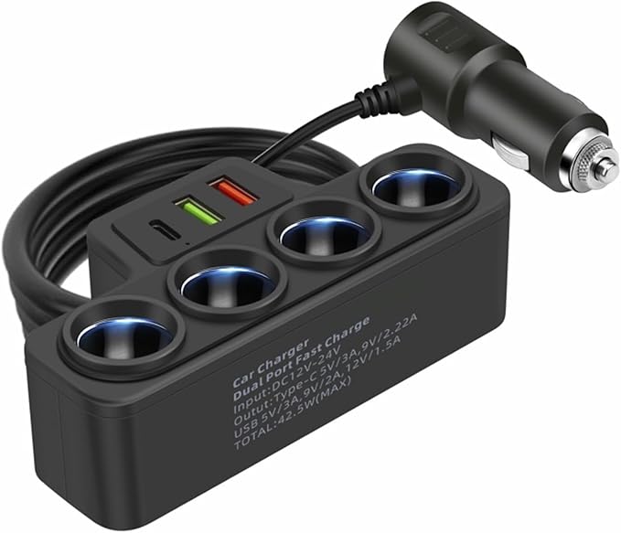 Type C USB Car Charging Adapter 12V/24V Vehicles Power Socket Splitter for Dashcam/Phones Safe Charging Black