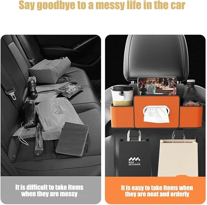 Car Multifunctional Seat Back Waterproof Storage Bag, Multifunctional & Waterproof Car Back Seat Organizer with 2 Cup Holders&Hooks, Hanging Storage Box for Most Cars (white)