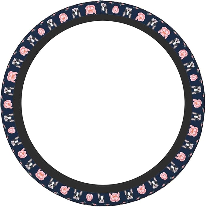 Neoprene Steering Wheel Cover French Bulldog Flowers Car Steering Wheel Cover Universal Fit for Most Cars