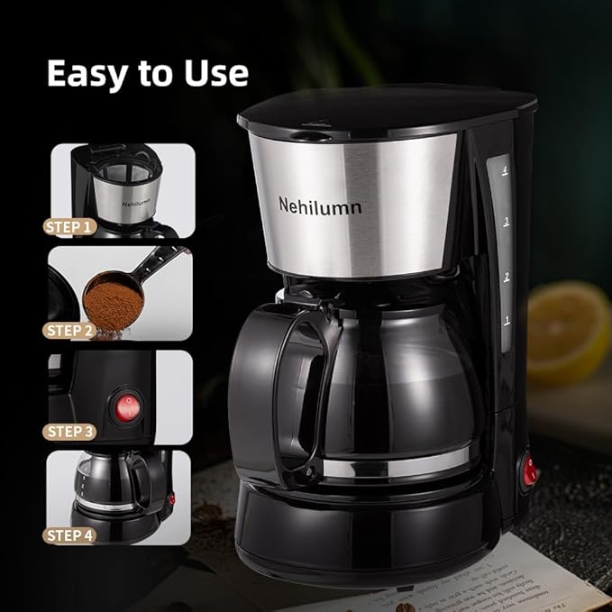 4 Cups Drip Coffee Maker, Coffee Pot Machine Permanent Coffee Filter, Mini,20Oz Electric Coffee Maker,650W Black and Stainless Steel