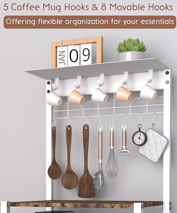 4 Tier Coffee Bar Station, Corner Bakers Rack with 5 Hooks & Wire Basket, Coffee Maker Stand for Small Space, Kitchen Storage Shelf for Entryway, Living Room, Café, White, 16.5"x13"x47.8"