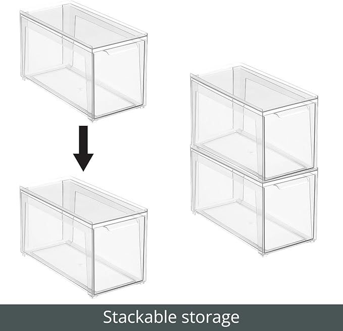 mDesign Plastic Stackable Bathroom Storage Organizer Bin Containers with Front Pull Drawer for Bathroom Countertop, Vanity, Closet Shelves - Holder for Accessories - Lumiere Collection, 2 Pack, Clear