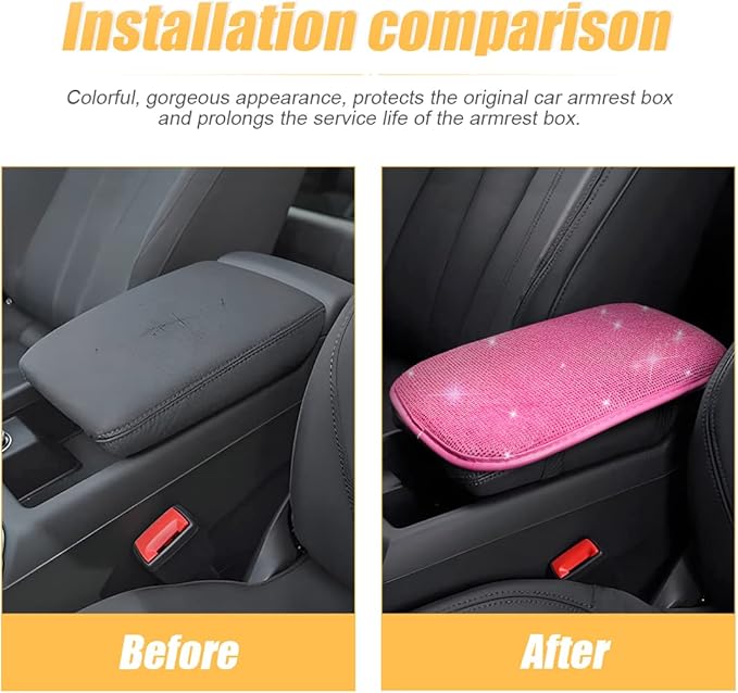 Bling Center Console Cover, Diamond Fashion ArmRest Pad, Crystal Soft Arm Rest Protective Cushion, Car Accessories for Women Girls, 11.8"×8.5" for Most of Vehicles, SUVs, Trucks (Rose Red)