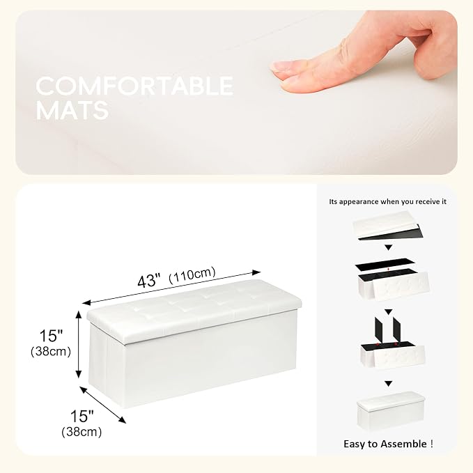 PINPLUS Folding Storage Ottoman Bench with Tray, 43.3inches Faux Leather Long Storage Chest Footrest Seat, Coffee Table, Foot of Bed Storage Bench for Living Room Bedroom, Beige