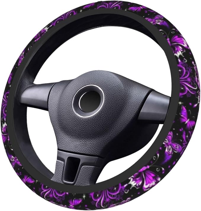 Purple Butterfly and Flower Universal Steering Wheel Cover for Men Women, Soft Anti Slip Stretch Neoprene Steering Wheel Covers Car Protector Accessories 15 Inch-Black