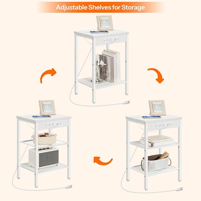 HOOBRO Side Tables Set of 2 with Charging Station and USB Port, Small End Tables for Small Space, 3-Tier Nightstands with Adjustable Shelf, for Living Room, Bedroom, White WW112BZP201