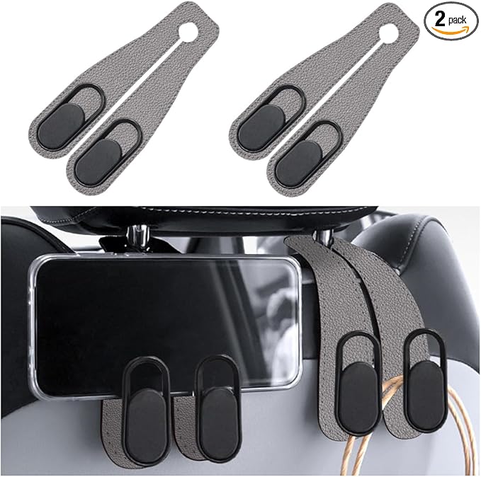 2PCS Car Seat Headrest Hook, Leather Dual Hook Vehicle Seat Back Storage Organizer for Purse Handbag Umbrella, Auto Backseat Groceries Hanger Holder, Universal for Truck SUV Sedan (Gray)