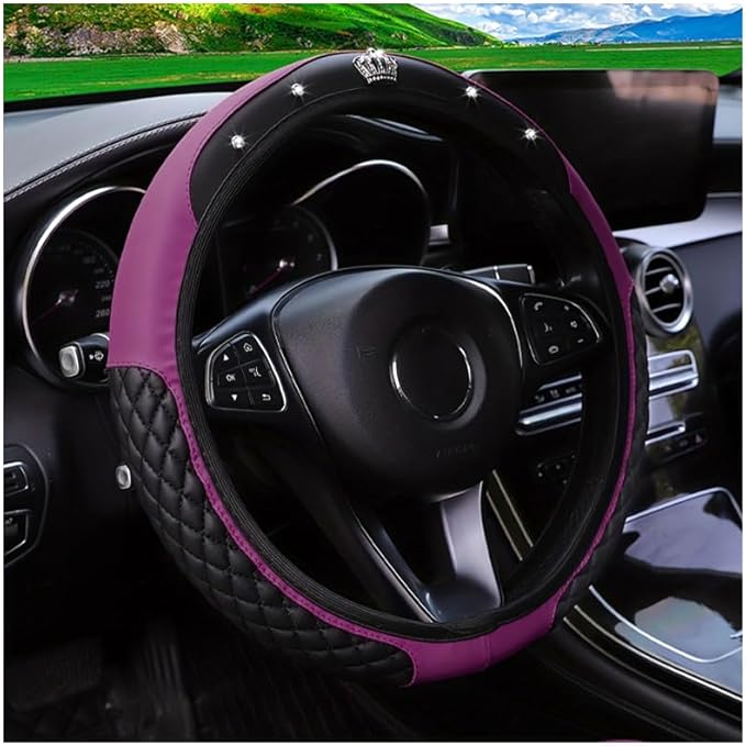 Bling Car Steering Wheel Cover, Diamond Leather Crystal Rhinestones Vehicles Steering Wheel Protector, Sparkling Anti-Slip Automotive Interior Decoration Accessories, Universal Fit (Purple)