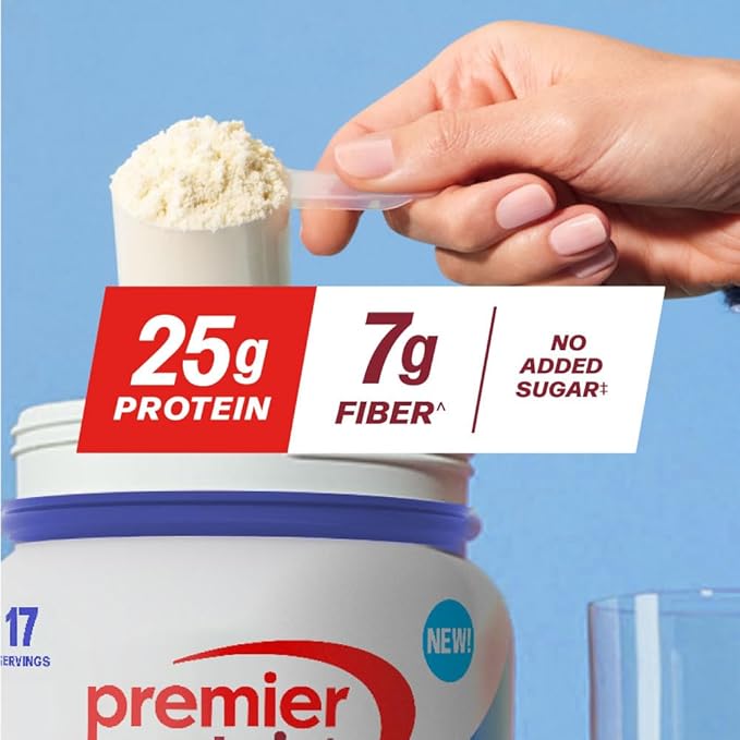 Premier Protein Powder Plus Fiber, Vanilla, 25g Protein, 7g Fiber to Support Gut Health, No Added Sugar (17 Servings)