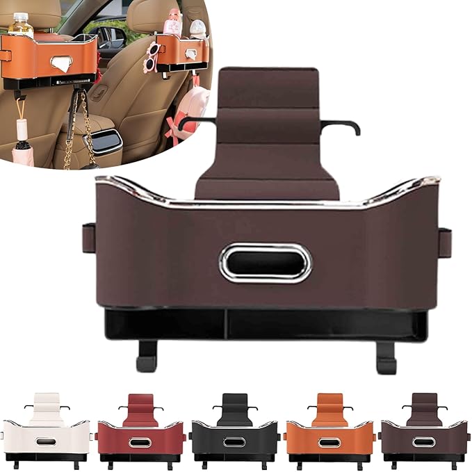 Multifunctional Car Seat Back Storage Box, Car Seat Tissue Box and Storage Box,Universal Car Tissue Organizer Back Seat with 2 Drink Cup Holder (Brown)