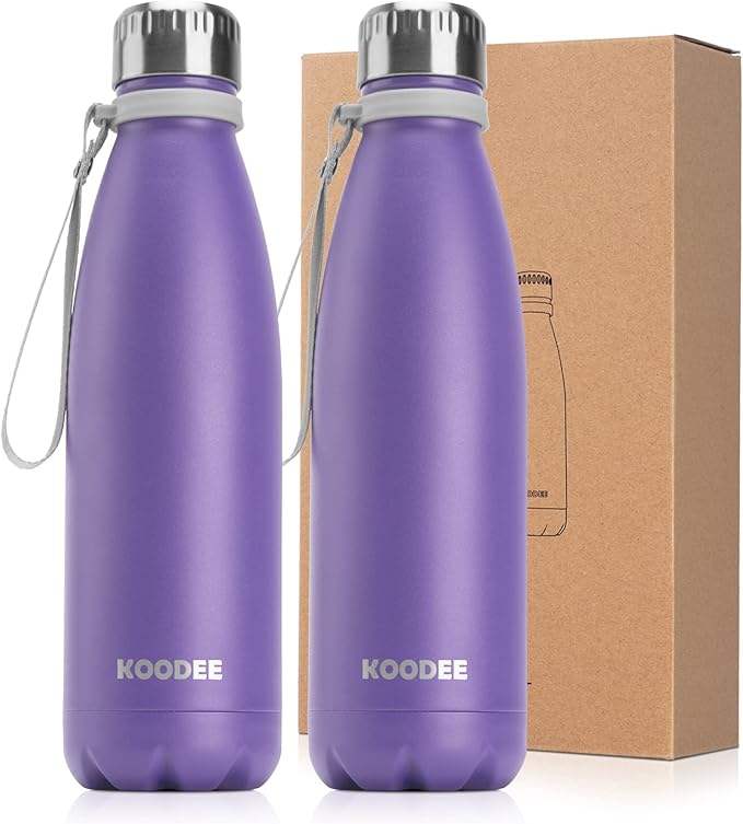 koodee Insulated Water Bottle 2 Pack-17 oz Stainless Steel Double Wall Vacuum Leak Proof Sports Water Bottle, BPA Free Water Bottle (2 Pack Purple)