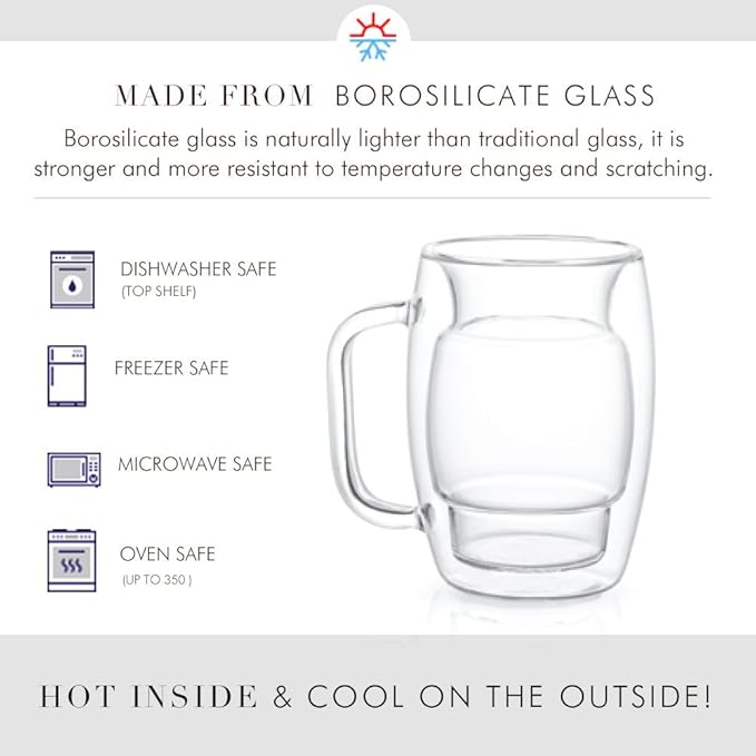 JoyJolt Cadus Glass Coffee Cups Double Wall Insulated Mugs Set of 2 Tea Glasses, 10-Ounces.