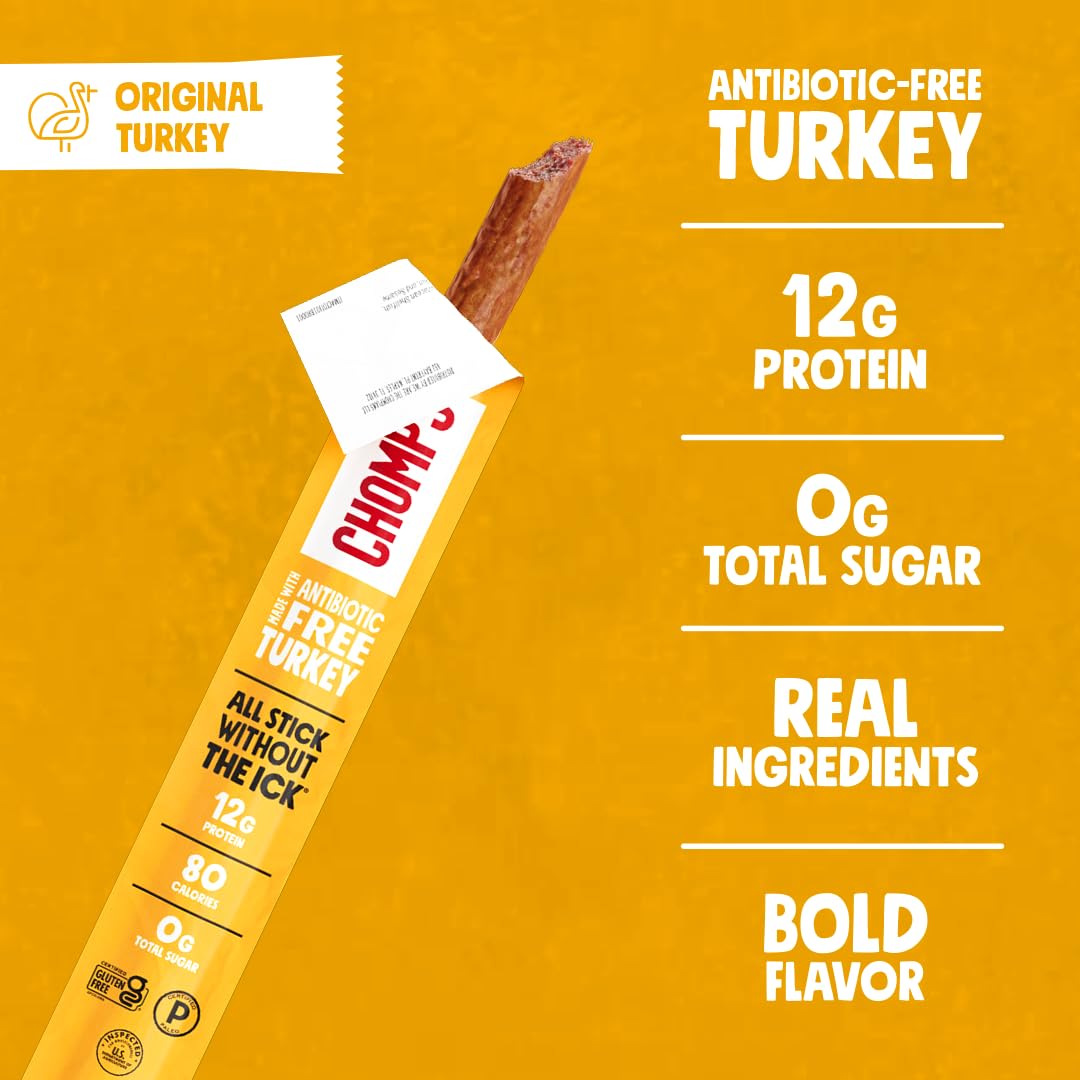 Chomps Original Turkey Jerky Meat Snack Sticks 10-Pack - Keto, Paleo, Low Carb, Whole30 Approved, 12g Lean Meat Protein, Gluten Free, Antibiotic Free, Zero Sugar Food