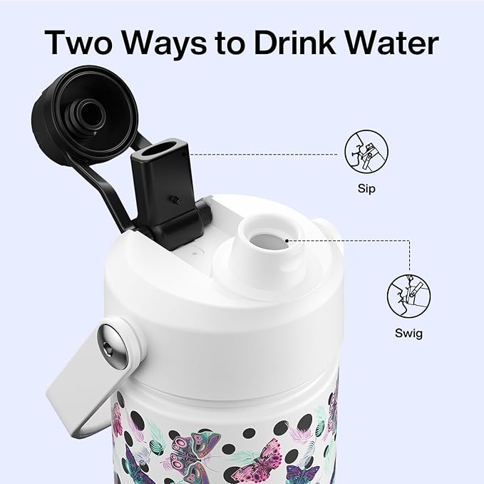 ENCOOL Insulated Water Bottle with Straw Stainless Steel Water Bottle, Glow in the Dark, Leak-Proof, BPA-Free, Keeps Cold for 24 Hours for Sports, Travel, School (26 oz, White Butterfly)