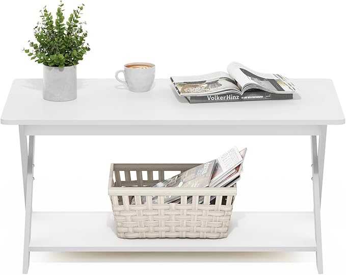 Furinno Modern Simplistic Coffee Table, 2-Tier Rectangle Modern Coffee Table with Open Shelf and X-Legs, Criss-Crossed Side Table, for Living Room, Bedroom, Home Office, White