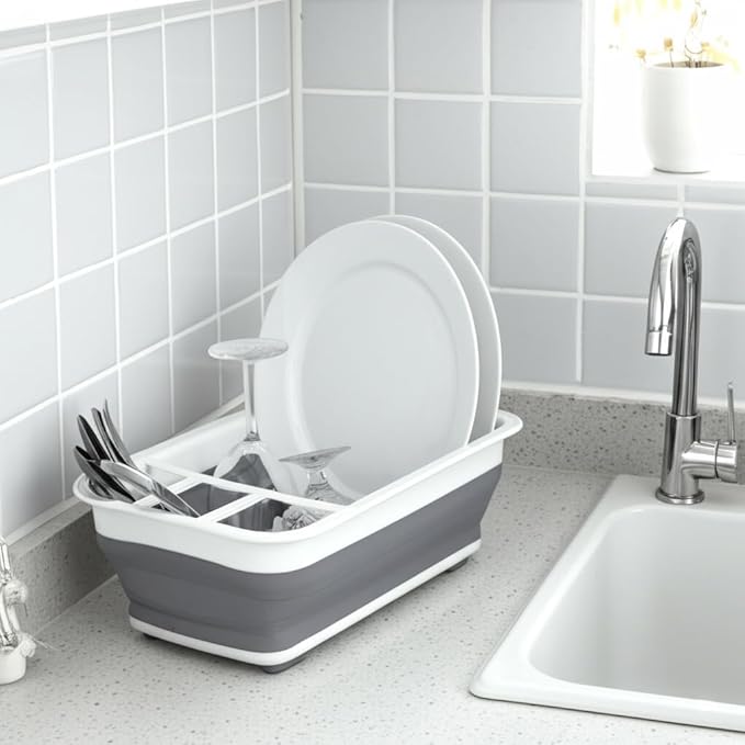 Collapsible Dish Drying Rack, Foldable Dinnerware Drainer Organizer | Space-saving plastic kitchen storage organizer. Compact folding dish drainboard perfect for RVs, camping & small countertops.