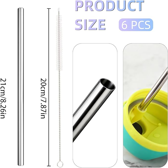 Replacement Straw Compatible With Owala Water Bottle 24 oz 32 oz, 6PCS Reusable Stainless Steel Straws for Owala Water Bottle，Metal Straws with 1 Cleaner Brush